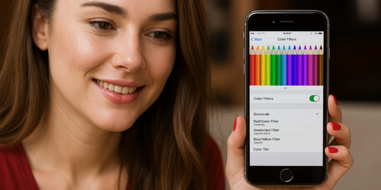 iPhone Renk Filtreleri - Ayarlar > Erişilebilirlik'i gösteren ve renk filtreleri açık (gri tonlamalı, kırmızı/yeşil, mavi/sarı) bir iPhone tutan kadın.