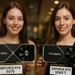 GeForce RTX 5070 vs 5060 Ti - NVIDIA GeForce RTX 5070 vs RTX 5060 Ti graphics cards side by side, showing size and cooler design for a gaming PC comparison.