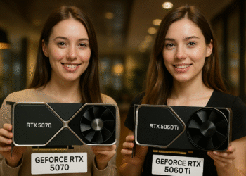 GeForce RTX 5070 vs 5060 Ti - Schede grafiche NVIDIA GeForce RTX 5070 vs RTX 5060 Ti a confronto, che mostrano le dimensioni e il design del dissipatore per un confronto tra PC da gaming.
