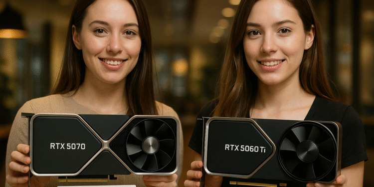 GeForce RTX 5070 vs 5060 Ti: 12GB vs 16GB, oké? ⚠️ 8 GeForce RTX 5070 vs. 5060 Ti - NVIDIA GeForce RTX 5070 vs. RTX 5060 Ti grafische kaarten naast elkaar, met de afmetingen en het koelere ontwerp voor een gaming-pc-vergelijking.