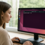 Komprimierte Dateimanager unter Linux: Schluss mit Wine! ✅ Komprimierte Dateimanager in Linux – Person, die einen Linux-Desktop mit geöffnetem Terminal verwendet, Beispiel für komprimierte Dateimanager in Linux zur Handhabung von ZIP, TAR und GZ.