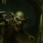 Guerras goblin de Oblivion: goblin agresivo en cueva oscura, gritando y atacando con lanza entre estalagmitas, cadenas y barrotes.