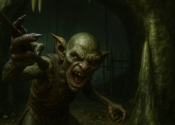 حروب العفاريت في Oblivion: عفريت عدواني في كهف مظلم، يصرخ ويهاجم برمح بين الصواعد والسلاسل والقضبان.