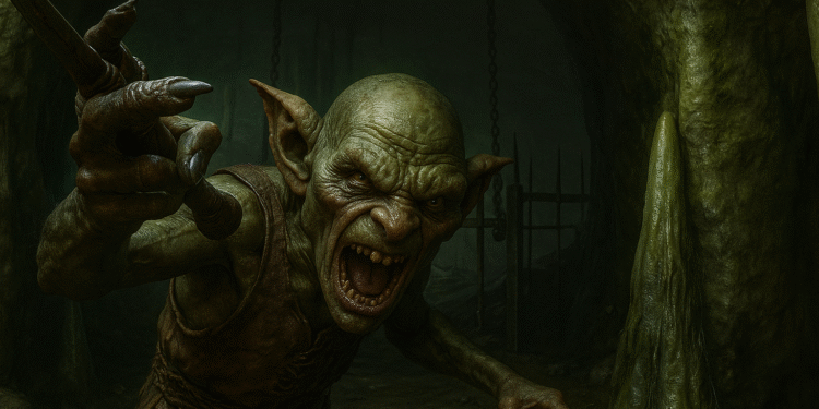 Oblivion Goblin Wars: Агрессивный гоблин в темной пещере, кричащий и атакующий копьем среди сталагмитов, цепей и решеток.