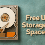 Limpiar WinSxS en Windows 11 ahora - Disco duro con texto "Free Up Storage Space"; cómo limpiar la carpeta WinSxS en Windows 11 para liberar espacio de almacenamiento.