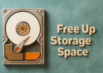 Limpiar WinSxS en Windows 11 ahora - Disco duro con texto "Free Up Storage Space"; cómo limpiar la carpeta WinSxS en Windows 11 para liberar espacio de almacenamiento.