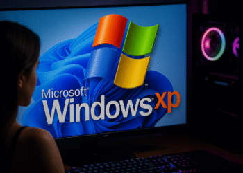 Windows 11-compatibiliteitsmodus: games NU uitvoeren ⚡️ 12 Windows 11-compatibiliteitsmodus: Windows 11-monitor met het Windows XP-logo, waarmee wordt geïllustreerd hoe oudere programma's op de pc worden uitgevoerd.