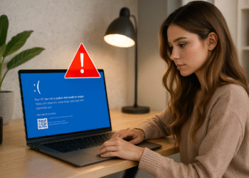 Notificações do Windows - Usuário de laptop com notificações do Windows: Tela Azul da Morte (BSOD) e ícone de alerta vermelho, falha do sistema que exige reinicialização do PC.