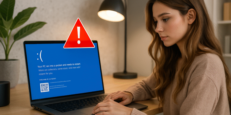 Windows 알림: 무시하고 모든 것을 잃어버리세요 🔥 7 Windows 알림 - Windows 알림이 있는 노트북을 사용하는 사람: 블루 스크린(BSOD) 및 빨간색 경고 아이콘, 시스템 오류로 PC를 다시 시작해야 함.