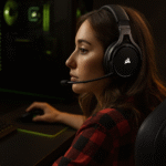 Optimización del controlador de gráficos - Jugadora de PC con auriculares frente a un equipo gaming, optimizando el controlador de gráficos y la configuración de la GPU para mejorar FPS y rendimiento.