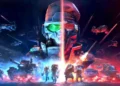 Reseña Tempest Rising: portada del RTS con comandante cibernético y batalla futurista azul/roja, tanques, soldados, drones y aeronaves en combate.