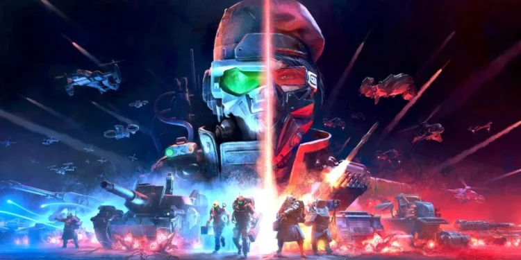 템페스트 라이징 리뷰: 클래식 RTS가 22개 미션으로 부활! 🔥 7 템페스트 라이징 리뷰: 사이버네틱 사령관과 미래적인 파란색/빨간색 전장을 특징으로 하는 RTS 표지. 전투 중인 탱크, 군인, 드론, 항공기가 등장합니다.