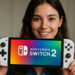 Switch 2 vs Switch 1 - Person holding a white Nintendo Switch 2 handheld with the logo on screen, illustrating a Switch 2 vs Switch 1 design comparison.