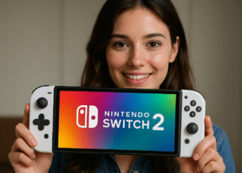 Switch 2 مقابل Switch 1 - شخص يحمل جهاز Nintendo Switch 2 المحمول باللون الأبيض مع الشعار على الشاشة، يوضح مقارنة تصميم Switch 2 مقابل Switch 1.