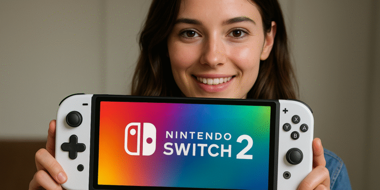 Switch 2 vs Switch 1 - Person som håller en vit Nintendo Switch 2-handhållen spelkonsol med logotypen på skärmen, vilket illustrerar en designjämförelse mellan Switch 2 och Switch 1.