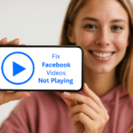 Videos en Facebook - Mujer sosteniendo un smartphone con mensaje de solución: cómo arreglar videos en Facebook que no se reproducen o no cargan.