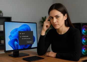 Wi-Fi conectado, mas sem internet: mulher sentada na mesa ao lado de um PC com Windows 11 com alerta "Sem internet, protegido"; tutorial de 4 etapas para consertar a conexão.