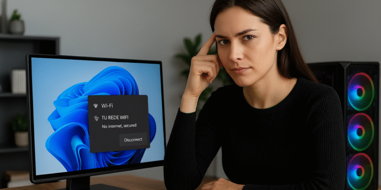 Wifi verbonden maar geen internet: nu 4 stappen ⚠️✅ 16 Wifi-verbinding, maar geen internet: vrouw aan bureau naast Windows 11-pc met melding "Geen internet, beveiligd". 4-stappenhandleiding om de verbinding te herstellen.