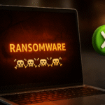 Acesso controlado a pastas: proteção contra ransomware no Windows; laptop com aviso "RANSOMWARE" e um ícone verde indicando que alterações não autorizadas estão bloqueadas.