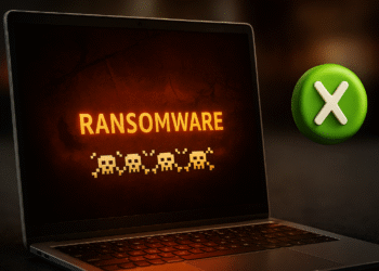 Gecontroleerde maptoegang: bescherming tegen ransomware op Windows; laptop met de waarschuwing "RANSOMWARE" en een groen pictogram dat aangeeft dat ongeautoriseerde wijzigingen worden geblokkeerd.