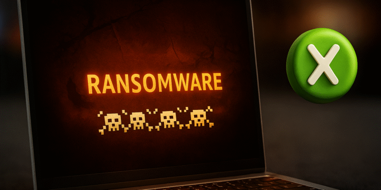 Kontrollierter Ordnerzugriff: Dateien JETZT schützen ⚠️ 4 Kontrollierter Ordnerzugriff: Ransomware-Schutz unter Windows; Laptop mit „RANSOMWARE“-Warnung und einem grünen Symbol, das anzeigt, dass nicht autorisierte Änderungen blockiert sind.