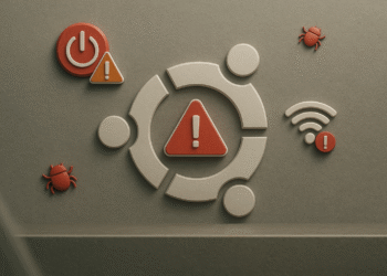 Ubuntu repareren: 5 snelle trucs om het nieuw leven in te blazen 🚀 6 Ubuntu repareren - Ubuntu-logo met waarschuwingsdriehoek en Wi-Fi-, stroom- en bugpictogrammen om Ubuntu te repareren en fouten op te lossen.