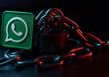Sicheres WhatsApp: Das WhatsApp-Logo ist mit einer Kette und einem Vorhängeschloss gesichert, ein Symbol für Sicherheit, Verschlüsselung und Privatsphäre, das Chats mit einer zweistufigen Verifizierung schützt.