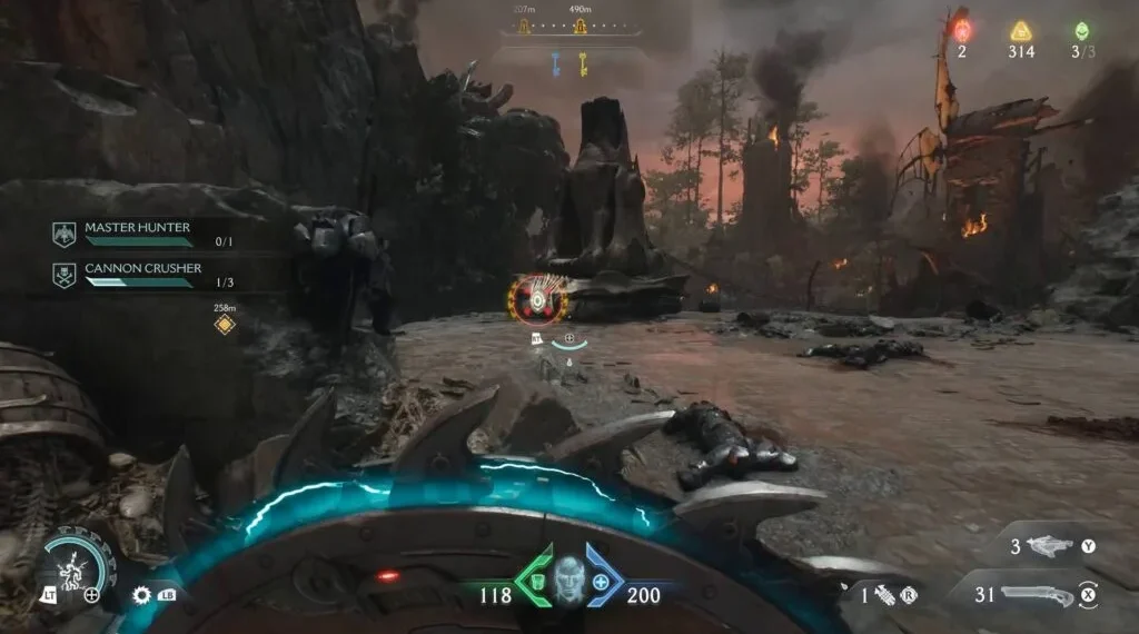 Doom The Dark Ages Cannons - Gameplay Doom: The Dark Ages; sang Pembunuh orang pertama melaju melewati reruntuhan yang terbakar dan ngarai abad pertengahan dengan perisai gergaji mesin aktif.