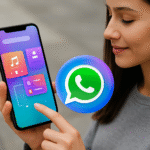 Círculo azul Meta AI - Usuario usando un smartphone; interfaz de apps colorida y logotipo de WhatsApp dentro de un círculo azul estilo Meta AI, concepto de mensajería con IA.