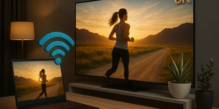 قم بتوصيل الكمبيوتر الشخصي بالتلفزيون الذكي: قم ببث الكمبيوتر المحمول عبر Wi‑Fi إلى تلفزيون 8K، مما يعكس شاشتك ويشغل الفيديو في المنزل.