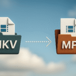 Convertir MKV a MP4 en 1 clic: ¡Rápido y sin pérdida! 🚀 Convertir MKV a MP4: iconos de carpetas MKV y MP4 con flecha de conversión, guía para pasar videos a MP4 sin pérdida de calidad.