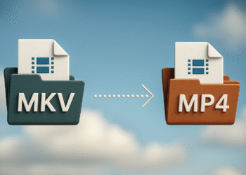 Convertir MKV a MP4: iconos de carpetas MKV y MP4 con flecha de conversión, guía para pasar videos a MP4 sin pérdida de calidad.