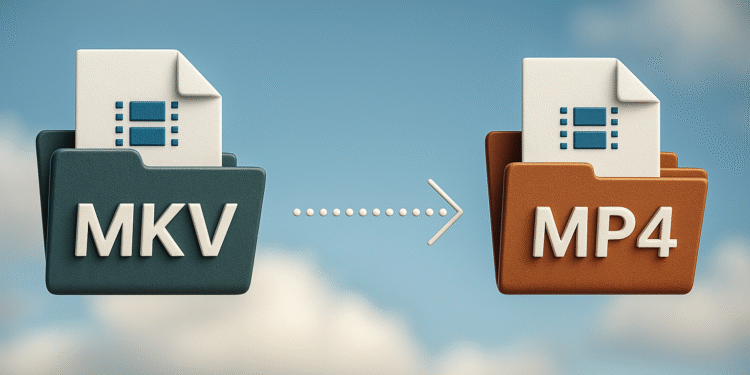 Convert MKV to MP4 in 1 Click: Fast and Lossless! 🚀 17 Convert MKV to MP4: MKV and MP4 folder icons with conversion arrow, guide to convert video to MP4 without quality loss.