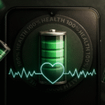 Cuidar la batería - Smartphone con batería verde al 100% y latido en forma de corazón; concepto de cuidar la batería, salud de la batería del móvil y alargar su vida útil.