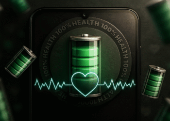 배터리 관리: 오늘 3단계로 배터리 소모를 막으세요 ⏳ 8 배터리 관리 - 녹색 100% 배터리와 하트비트가 탑재된 스마트폰; 배터리 관리, 모바일 배터리 상태 및 수명 연장에 대한 개념.