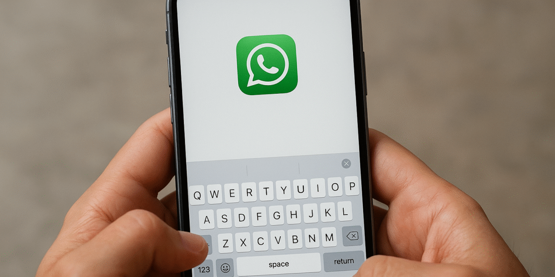 Désactiver la correction automatique sur iPhone : écran WhatsApp avec clavier ouvert, étapes pour désactiver la correction automatique du clavier sur iOS.