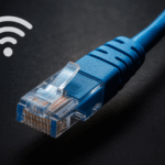 Domina Cables CAT Ethernet RJ45 cable close-up, blue high-speed LAN network cord on dark background for reliable wired internet connection.