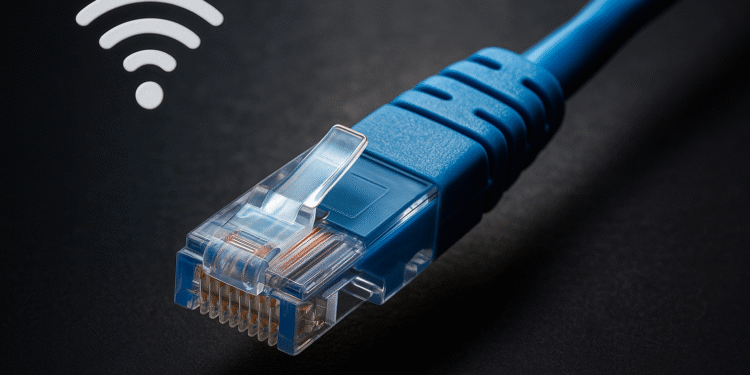 Ethernet-кабели Master CAT: уже используете CAT8? Обновитесь сегодня! 🚀 2 Кабель CAT Ethernet RJ45 Domina Cables крупным планом, синий высокоскоростной сетевой шнур LAN на темном фоне для надежного проводного подключения к Интернету.