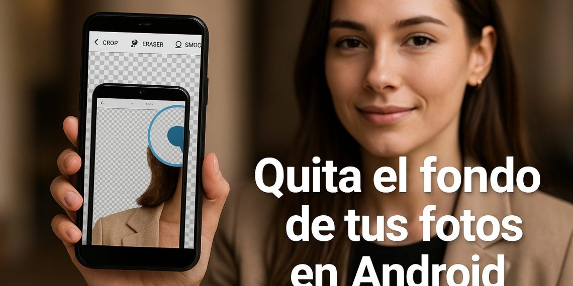 एंड्रॉयड पृष्ठभूमि हटाना: व्यक्ति एक स्मार्टफोन पकड़े हुए है जो एक ऐप दिखा रहा है जो फोटो से पृष्ठभूमि हटा देता है, मोबाइल छवि संपादन।.