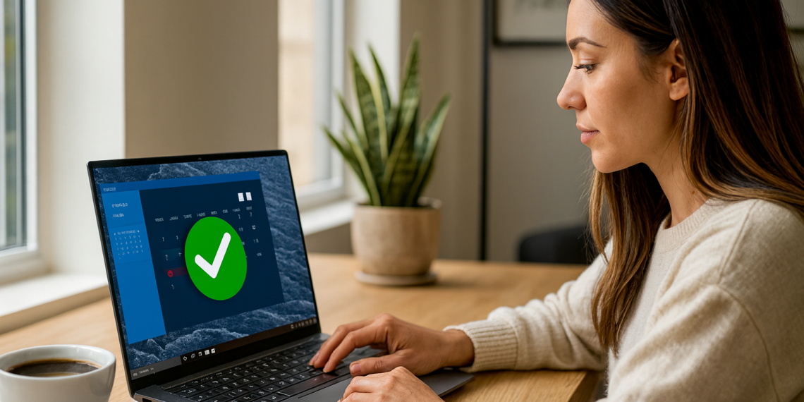 Fonctionnalités cachées de Windows - Femme utilisant un ordinateur portable Windows 11, explorant les fonctionnalités cachées de Windows, les raccourcis et les astuces ; calendrier et case à cocher à l'écran, travaillant à domicile.
