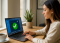 Recursos ocultos do Windows - Mulher usando um laptop com Windows 11, explorando recursos, atalhos e truques ocultos do Windows; calendário e caixa de seleção na tela, trabalhando em casa.