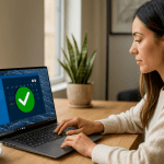 Funciones Ocultas Windows - Mujer usando portátil con Windows 11, explorando funciones ocultas de Windows, atajos y trucos; calendario y check en pantalla, trabajo en casa.