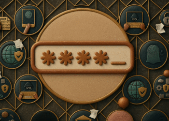 Lockdown Mode on iOS - Illustration of Lockdown Mode on iOS: Password field with asterisks and lock, fingerprint, and shield symbols, highlighting security and privacy on iPhone.
