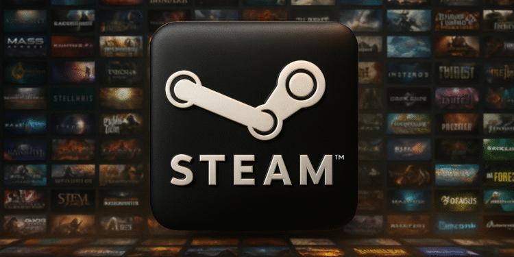 Déplacer des jeux Steam : logo Steam sur l'arrière-plan de la bibliothèque, guide pour transférer des jeux vers un autre dossier ou disque sur PC.