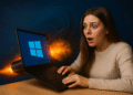 Servizi Windows 11: donna sorpresa che usa un portatile con il logo Windows ed effetto propulsione, che simboleggia l'ottimizzazione e l'accelerazione delle prestazioni.