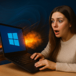 Servicios Windows 11: mujer sorprendida usando portátil con logotipo de Windows y efecto de propulsión, simbolizando optimización y aceleración del rendimiento.