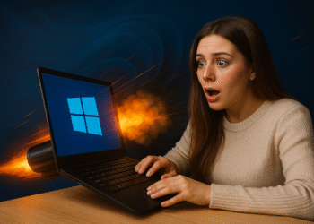 Servizi Windows 11: donna sorpresa che usa un portatile con il logo Windows ed effetto propulsione, che simboleggia l'ottimizzazione e l'accelerazione delle prestazioni.