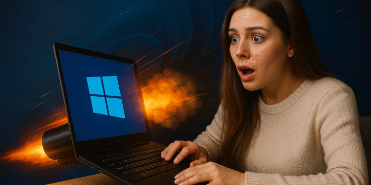 Windows 11 服务:2 分钟内加速您的 PC ✅🔥 6 Windows 11 服务:惊讶的女人使用带有 Windows 徽标和推进效果的笔记本电脑,象征着优化和性能加速。