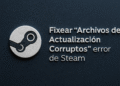 Steam Archivos de actualización dañados - Cómo arreglar el error de Steam "archivos de actualización dañados/corruptos"; logo de Steam sobre fondo oscuro, guía y solución paso a paso.
