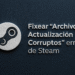 Steam Archivos de actualización dañados - Cómo arreglar el error de Steam "archivos de actualización dañados/corruptos"; logo de Steam sobre fondo oscuro, guía y solución paso a paso.